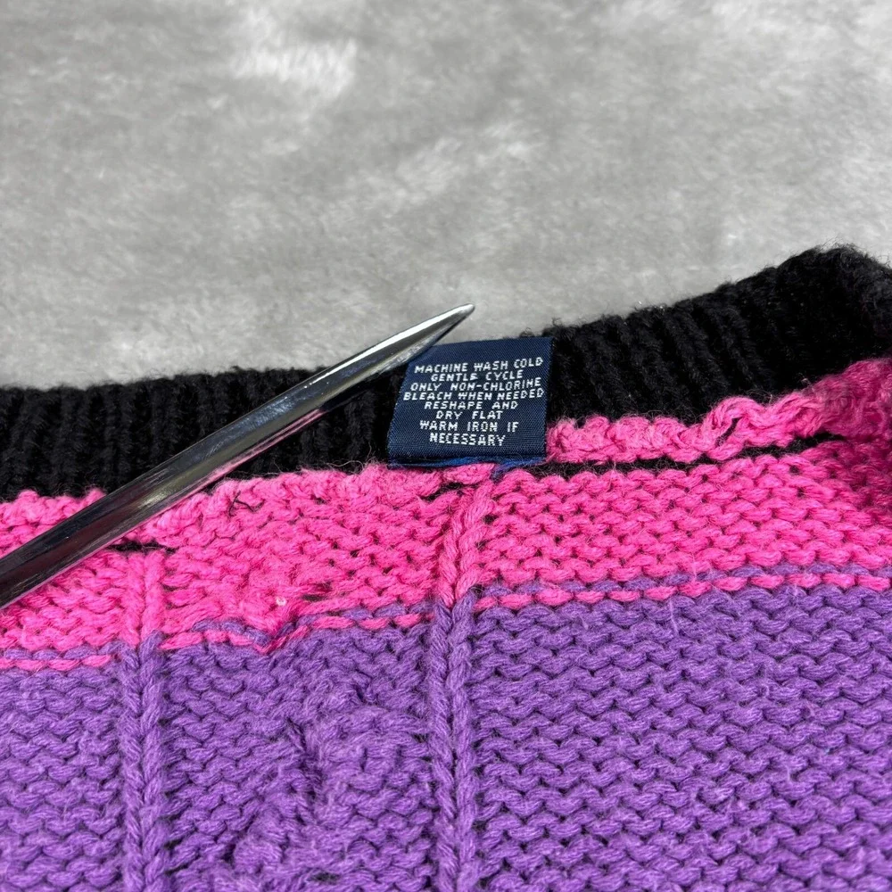 Vintage Cable Knit Sweater Women XL Pink Striped V Neck‎ Colorful 80s Cottage